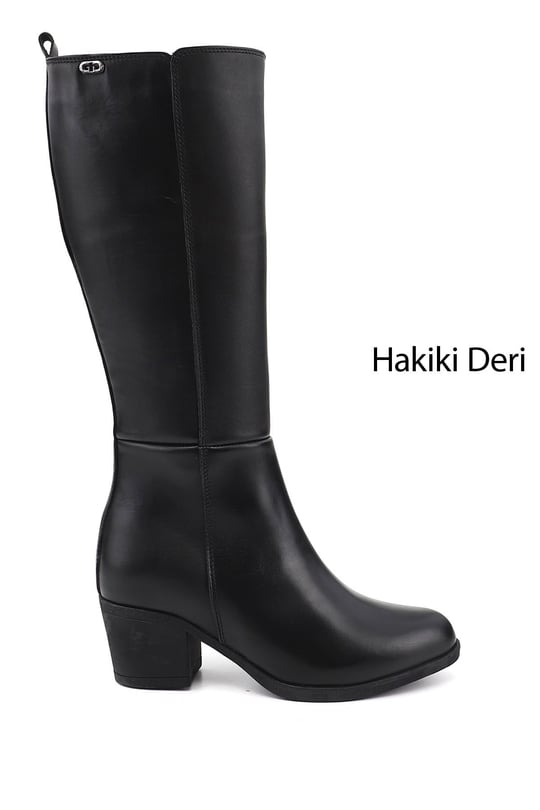 Kadın Siyah Fermuarlı Kalın Topuklu Hakiki Deri Çizme