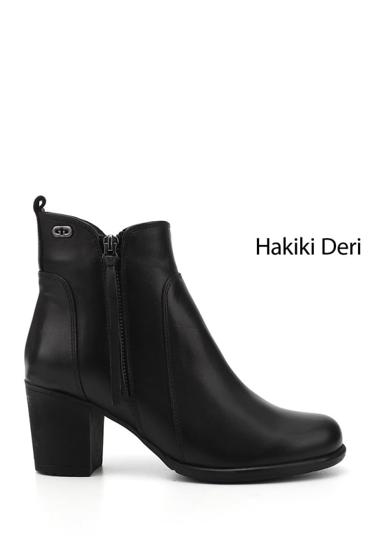 Women's Black Zippered Thick Heel Genuine Leather Boots