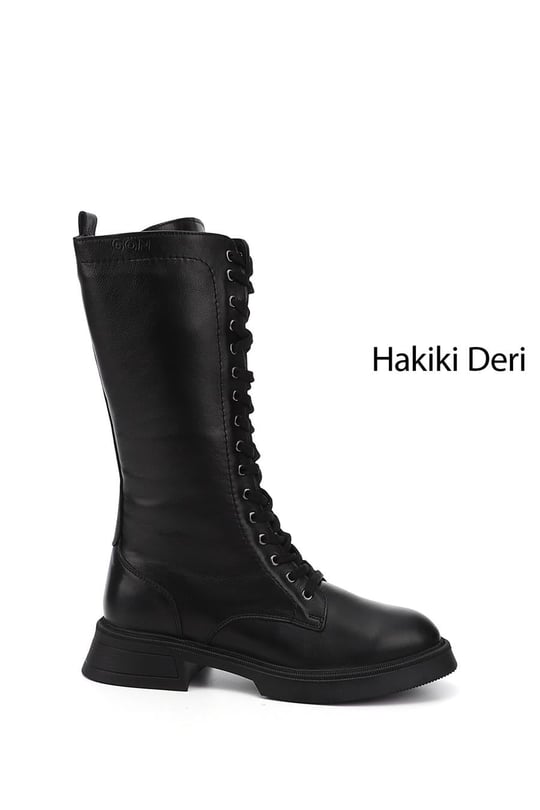 Kadın Siyah Fermuarlı Kalın Topuklu Hakiki Deri Postal Çizme