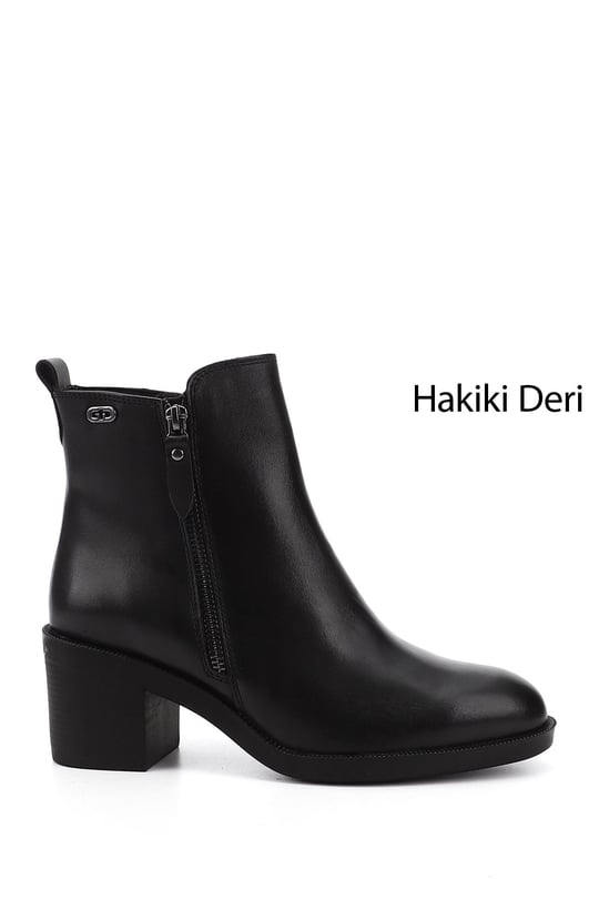Women's Black Zippered Thick Heeled Genuine Leather Boots