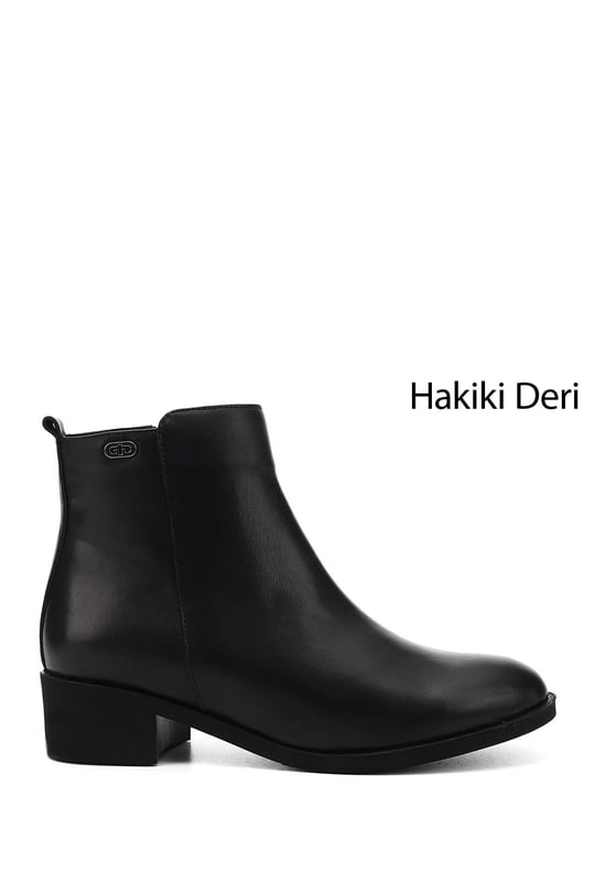 Kadın Siyah Fermuarlı Kalın Topuklu Hakiki Deri Bot