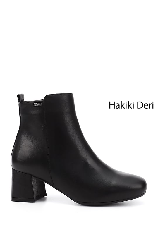Kadın Siyah Fermuarlı Kalın Topuklu Hakiki Deri Bot