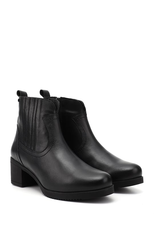 Women's Black Zippered Thick Heel Genuine Leather Boots