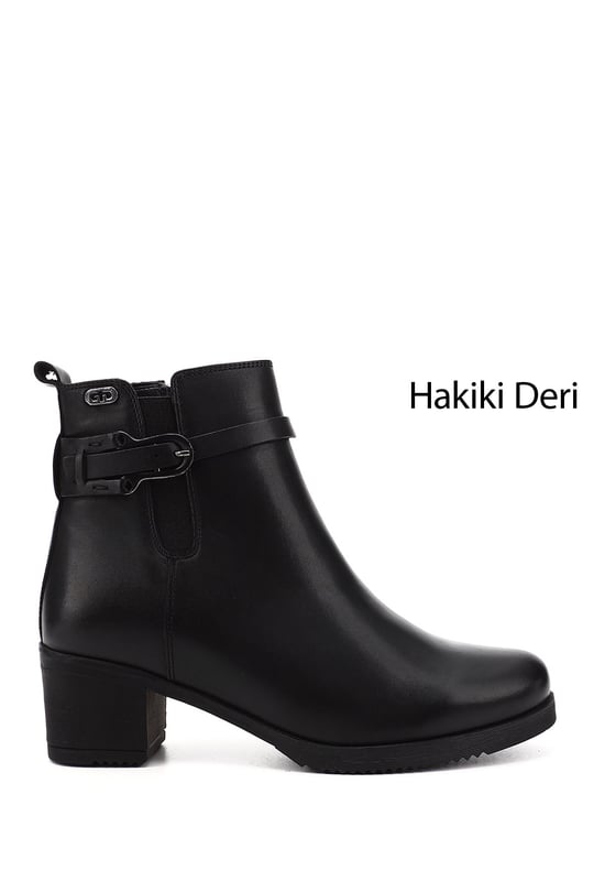 Kadın Siyah Fermuarlı Kalın Topuklu Hakiki Deri Bot