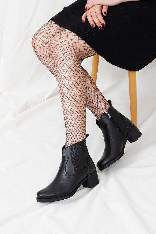 Women's Black Zippered Thick Heel Genuine Leather Boots