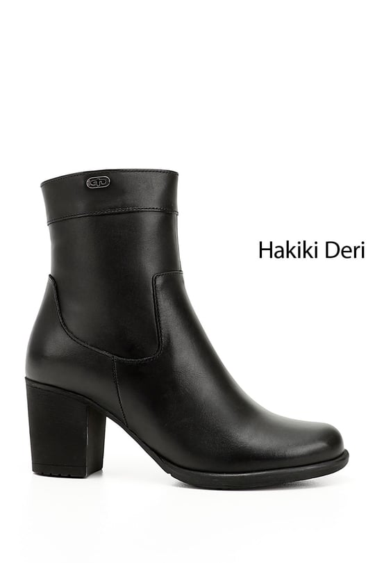 Kadın Siyah Fermuarlı Kalın Topuklu Hakiki Deri Bot