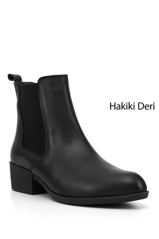 Women's Black Zippered Chunky Heel Genuine Leather Chelsea Boots