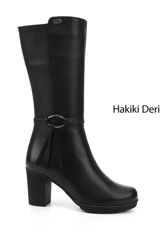 Kadın Siyah Fermuarlı Kalın Topuklu Hakiki Deri Çizme