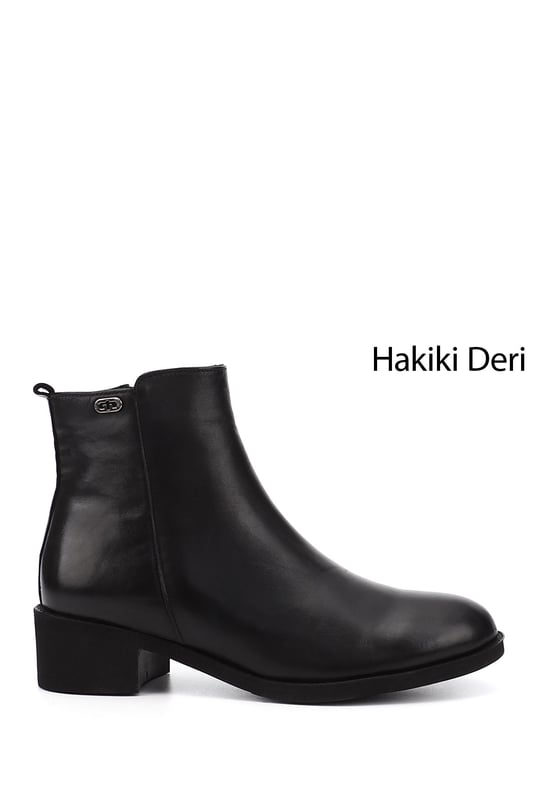 Kadın Siyah Fermuarlı Kalın Topuklu Hakiki Deri Bot