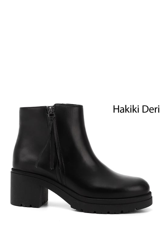 Kadın Siyah Fermuarlı Kalın Topuklu Hakiki Deri Bot