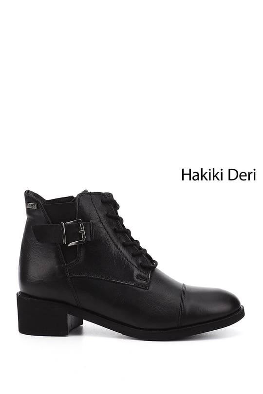 Kadın Siyah Fermuarlı Kalın Topuklu Hakiki Deri Postal Bot