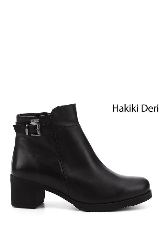 Women's Black Zippered Thick Heel Genuine Leather Boots