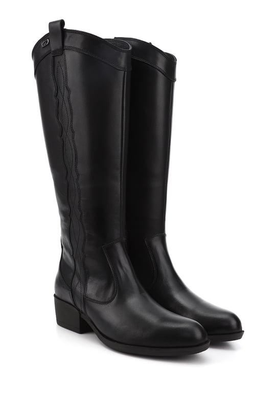 Women's Black Zippered Thick Heel Genuine Leather Cowboy Boots
