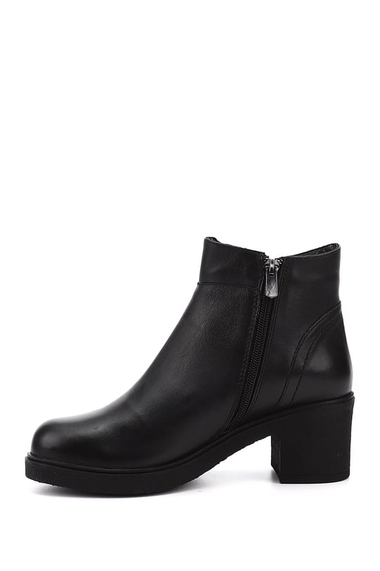 Women's Black Zippered Thick Heel Genuine Leather Boots