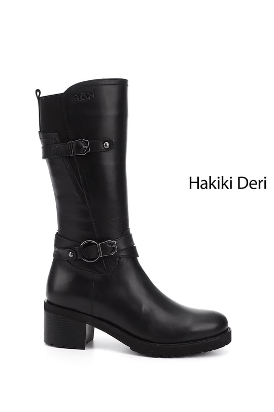 Kadın Siyah Fermuarlı Kalın Topuklu Hakiki Deri Çizme