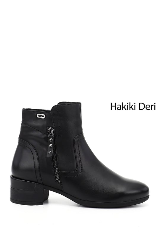 Kadın Siyah Fermuarlı Kalın Topuklu Hakiki Deri Bot