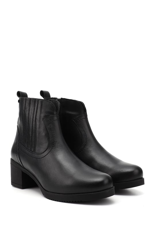 Women's Black Zippered Thick Heel Genuine Leather Boots