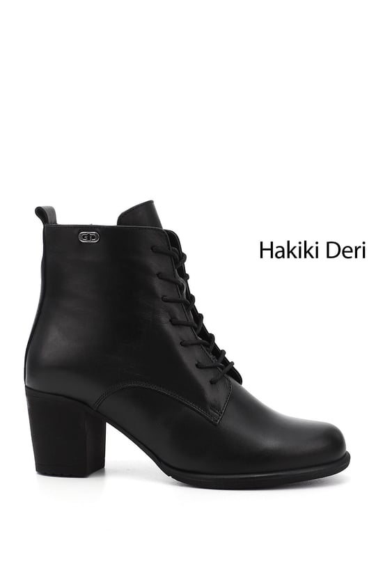 Kadın Siyah Fermuarlı Kalın Topuklu Hakiki Deri Postal Bot