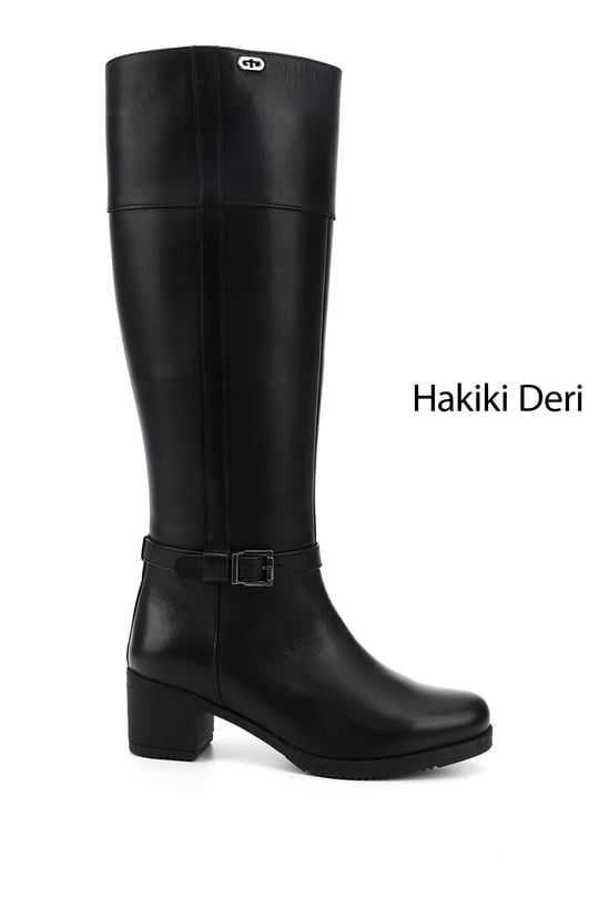 Women's Black Zippered Thick Heel Genuine Leather Boots