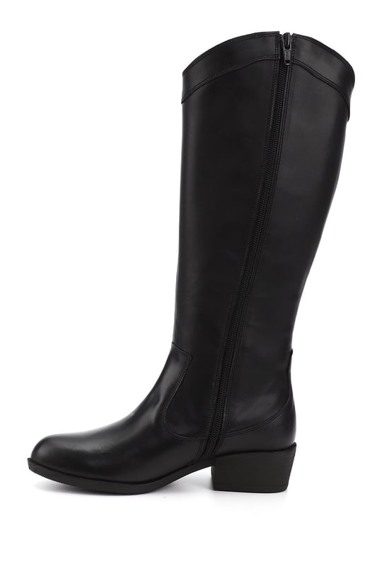 Women's Black Zippered Thick Heel Genuine Leather Cowboy Boots