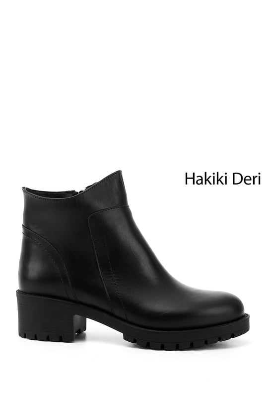 Kadın Siyah Fermuarlı Kalın Topuklu Hakiki Deri Bot