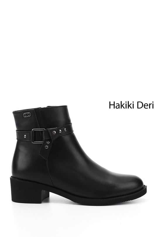 Kadın Siyah Fermuarlı Kalın Topuklu Hakiki Deri Bot