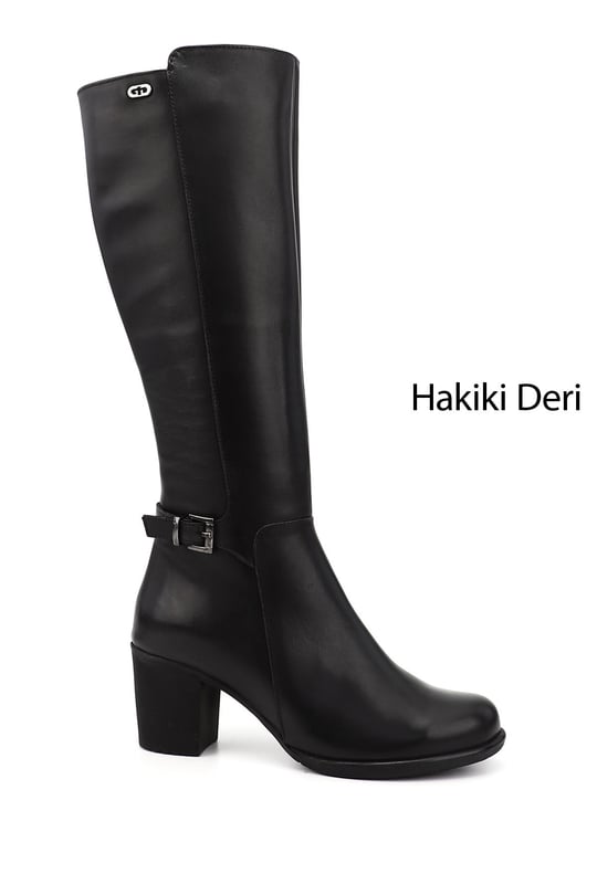 Women's Black Zippered Thick Heel Genuine Leather Boots