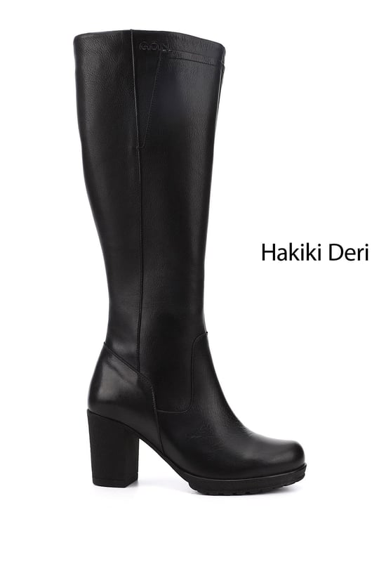 Kadın Siyah Fermuarlı Kalın Topuklu Hakiki Deri Çizme