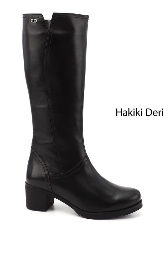 Women's Black Zippered Thick Heel Genuine Leather Boots