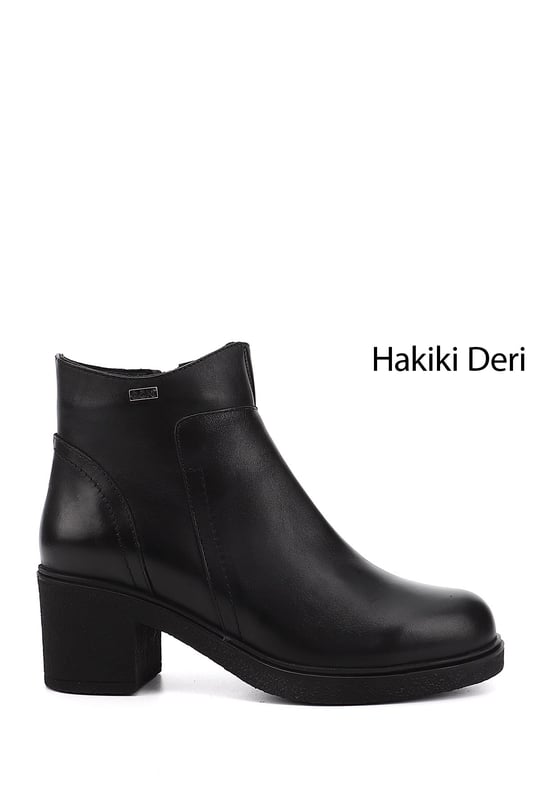 Kadın Siyah Fermuarlı Kalın Topuklu Hakiki Deri Bot