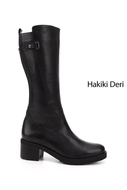 Kadın Siyah Fermuarlı Kalın Topuklu Hakiki Deri Çizme