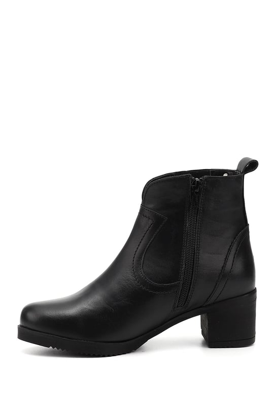 Women's Black Zippered Thick Heel Genuine Leather Boots