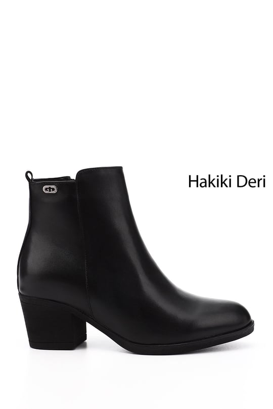 Kadın Siyah Fermuarlı Kalın Topuklu Hakiki Deri Bot