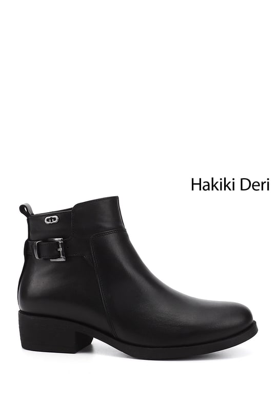 Kadın Siyah Fermuarlı Kalın Topuklu Hakiki Deri Bot