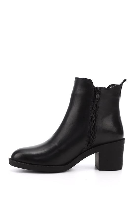 Women's Black Zippered Thick Heeled Genuine Leather Boots