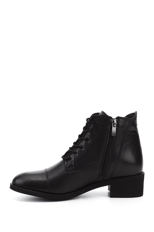Women's Black Zippered Thick Heel Genuine Leather Combat Boots