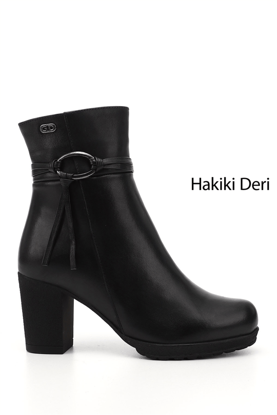 Women's Black Zippered Thick Heeled Genuine Leather Boots