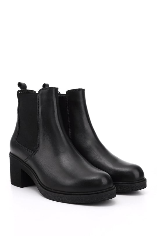 Women's Black Zippered Chunky Heel Genuine Leather Chelsea Boots