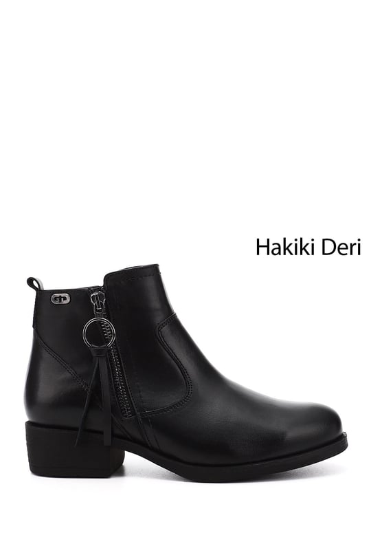 Kadın Siyah Fermuarlı Kalın Topuklu Hakiki Deri Bot