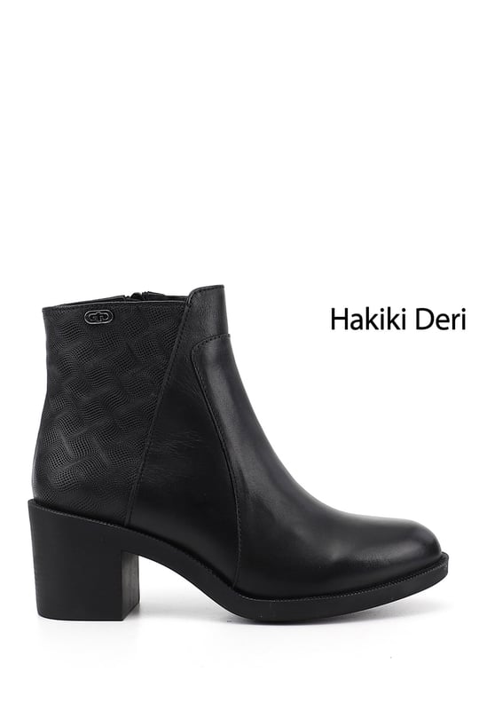Kadın Siyah Fermuarlı Kalın Topuklu Hakiki Deri Bot