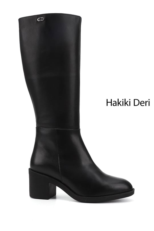 Women's Black Zippered Thick Heeled Genuine Leather Boots