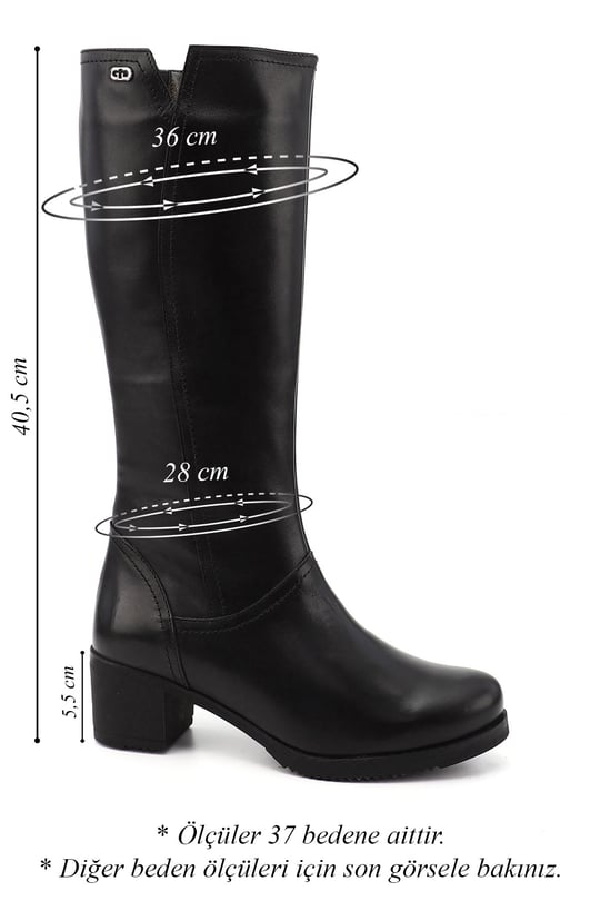 Women's Black Zippered Thick Heel Genuine Leather Boots