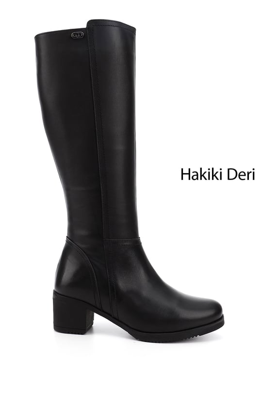 Kadın Siyah Fermuarlı Kalın Topuklu Hakiki Deri Çizme