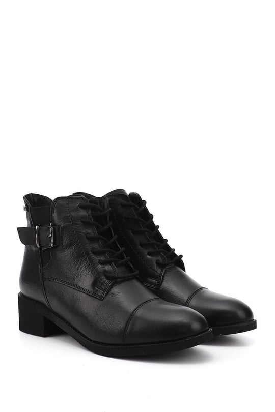 Women's Black Zippered Thick Heel Genuine Leather Combat Boots