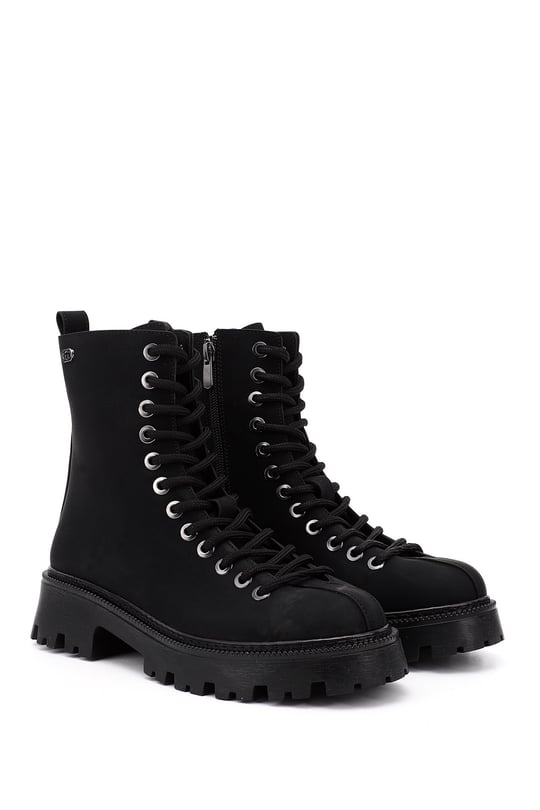 Women's Black Zip-Up Chunky Heel Combat Boots
