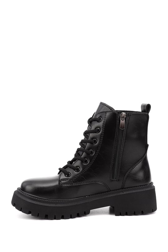 Women's Black Zippered Thick Heeled Combat Boots