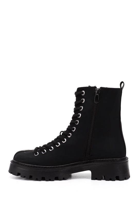 Women's Black Zip-Up Chunky Heel Combat Boots