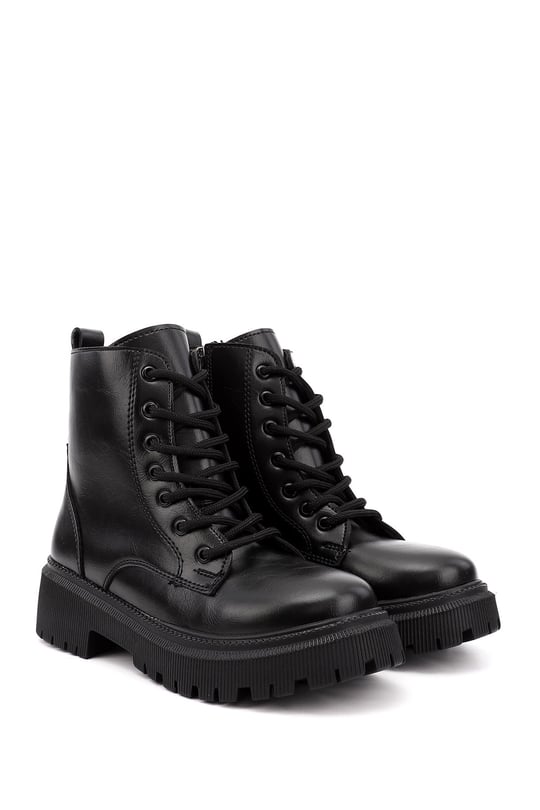 Women's Black Zippered Thick Heeled Combat Boots