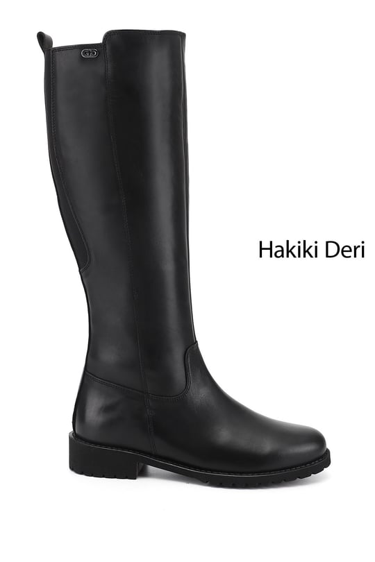 Kadın Siyah Fermuarlı Kauçuk Taban Hakiki Deri Çizme