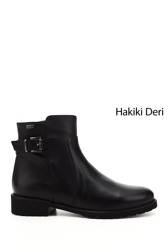 Kadın Siyah Fermuarlı Kauçuk Taban Hakiki Deri Bot